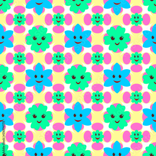 Vector seamless pattern of Y2K Cute Funny Flower with smiling faces.  Happy Positive. 70s, 80s, 90s vibes stickers. Retro style. Patches Collection.