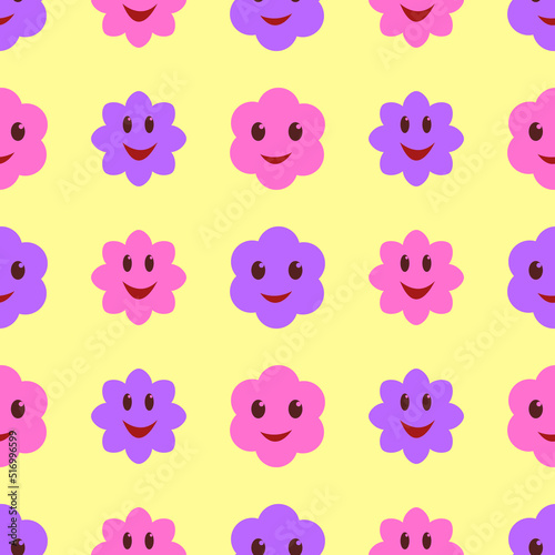 Vector seamless pattern of Y2K Cute Funny Flower with smiling faces.  Happy Positive. 70s, 80s, 90s vibes stickers. Retro style. Patches Collection.