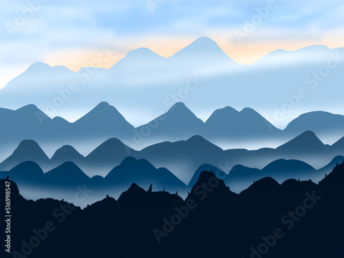 Landscape of mountain with misty gentle  illustration drawing digital art