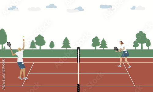 A couple man and woman play tennis outdoor in summer, flat vector illustration. Outdoor courts for tournament match. Active lifestyle. Player hit ball over net.