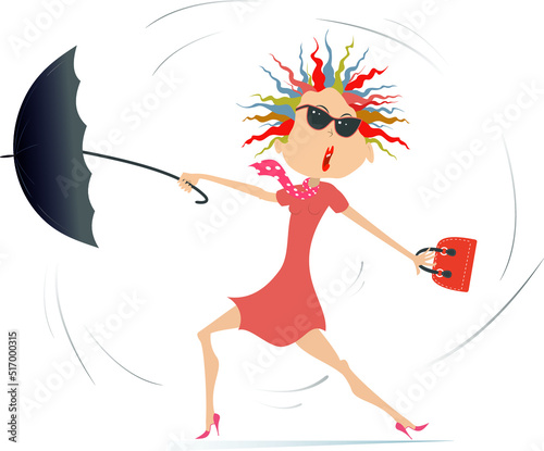 Windy day and young woman with umbrella illustration. Young woman in sunglasses with an umbrella ladies handbag staying on the strong wind. Isolated on white background