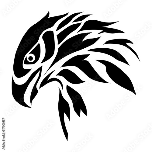 Vertical black and white digital drawing of an eagle head isolated on white background.