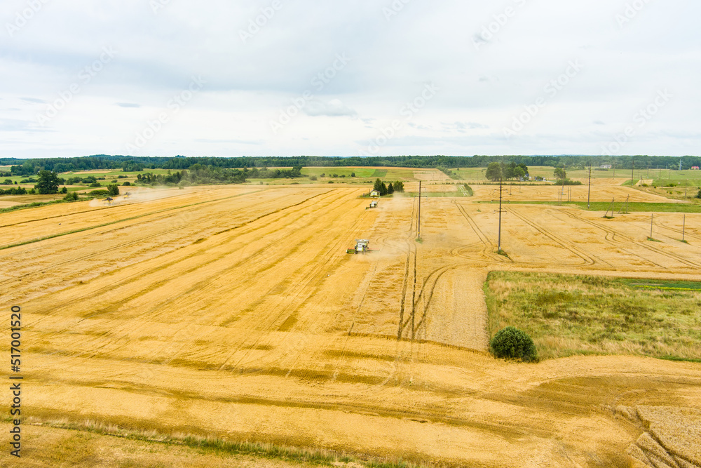 Aerial view of agricultural parcels of different crops. Hay bale fields and farmlands of Lithuania. Harvesting machinery or equipment.