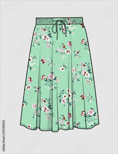 MIDI LENGTH FLORAL SKIRT WITH ELASTICATED WAISTBAND FOR WOMEN AND TEENS IN EDITABLE VECTOR FILE