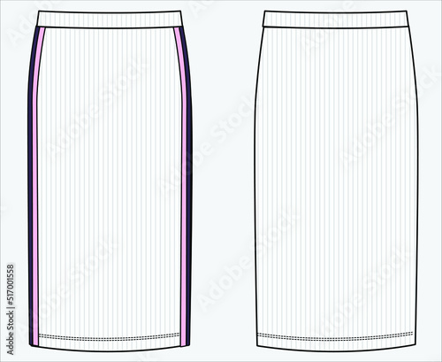 LONG KNIT RIBBED SKIRT WITH TAPE DETAIL FOR WOMEN AND TEEN GIRLS IN EDITABLE VECTOR FILE