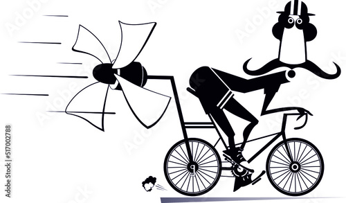 Cartoon man rides a bike isolated.
Smiling long mustache man in helmet on the bike tries to ride faster using a propeller. Black on white
