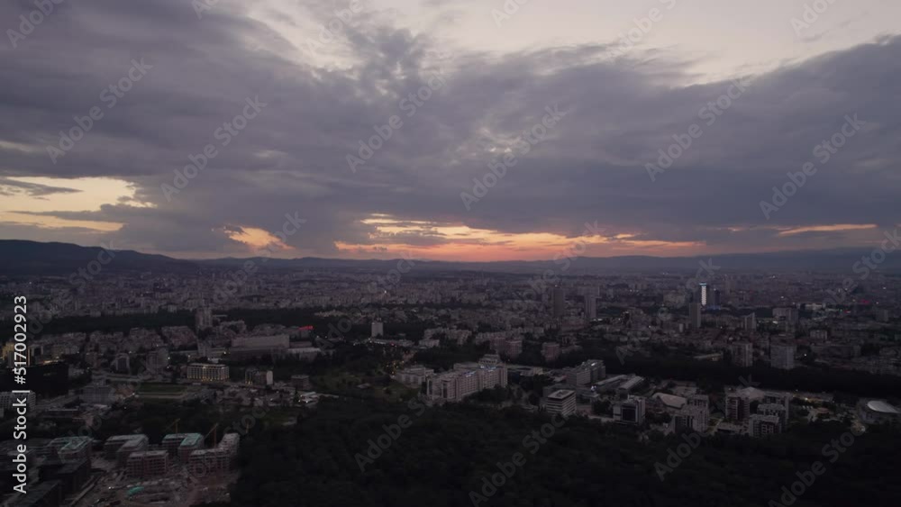 Bird view over the city with twilight sunset sky Bird view over the city with twilight sunset sky