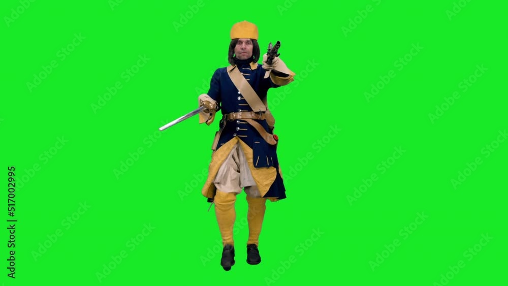 Swedish 18th century infantryman soldier goes on attack with smallsword and pistol, Full HD footage isolated on green chromakey background Swedish 18th century infantryman soldier goes on attack with smallsword and pistol, Full HD footage isolated on green chromakey background