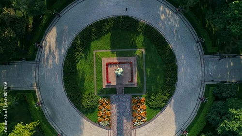 Aerial top view monument of the writer Taras Grigorovich Shevchenko in park on a sunny summer day. Capital of Ukraine photo