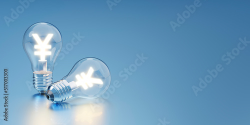 円記号が光る白熱電球 / 電気代値上げ・高熱費高騰・エネルギー問題と節電のコンセプトイメージ / 3Dレンダリング