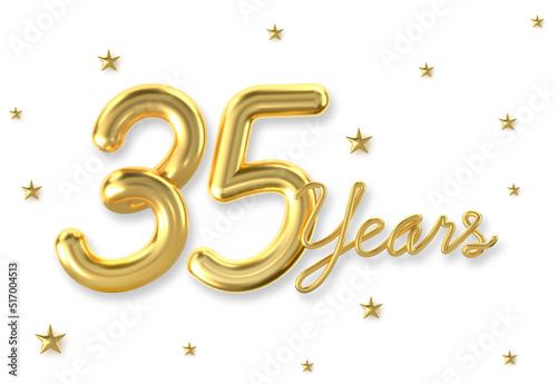 3d golden 35 years anniversary celebration with star background. 3d illustration.