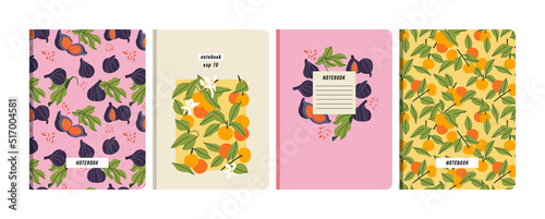 Vector illustartion templates cover pages for notebooks, planners, brochures, books, catalogs. Fruits wallpapers with with tangerine and fig.