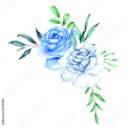 Floral set with blue roses, cactus, greenery, herbs and eucaluptys branches for wedding bouquets, cards, designs. Vector illustration