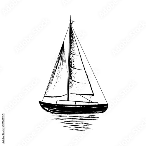 Sailing boat at sea. Abstract minimalistic style. Hand drawn in black ink, brush and paint texture. Vector illustration