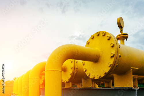 Gas pipes oil energy. Yellow gas pipeline energy equipment. Fuel power technology. Safety valve in gas pipe industry.