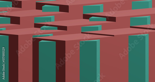 Render with red cubes and green triangles in isometric
