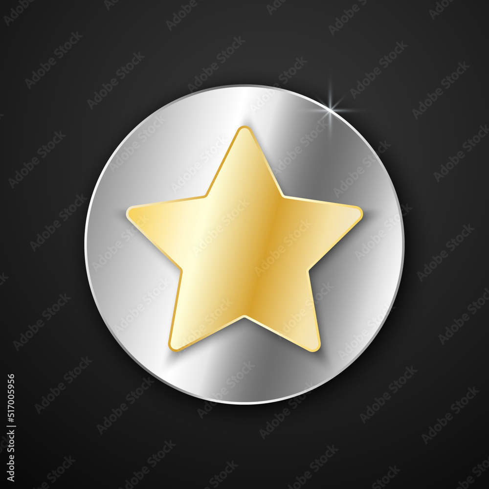 Metallic star round icon. Gold volumetric element on silver background. Best for social media, web, UI design and mobile apps. EPS 10. Metallic star round icon. Gold volumetric element on silver background. Best for social media, web, UI design and mobile apps. EPS 10.