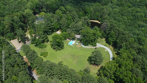 Bird's eye view of Lystra Estate in Chapel Hill, NC surrounded by green forests photo