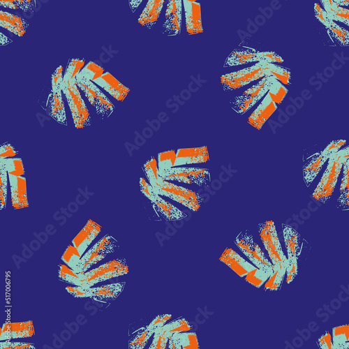 Mono print style scattered leaves seamless vector pattern background. Textured cut out grunge foliage tropical neon orange indigo backdrop. Hand crafted painterly design. Organic repeat for summer