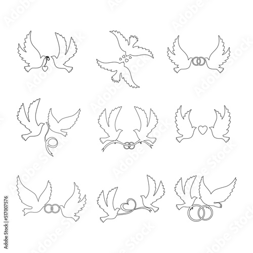 Two pigeons with rings and ribbons. Contour. Vector set