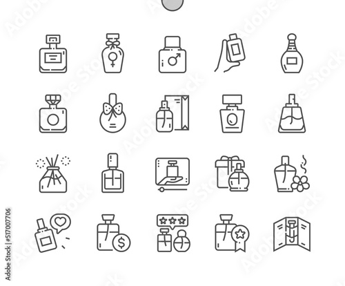 Fragrance bottles. Perfume. Eau de toilette. Packaging of various shapes. Pixel Perfect Vector Thin Line Icons. Simple Minimal Pictogram