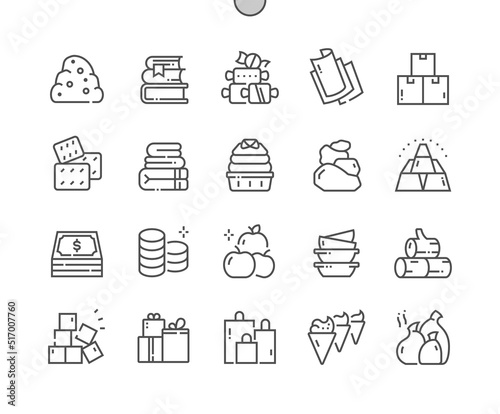Pile. Stones, candies, papers, boxes, coins, towels and other. Many items. Pixel Perfect Vector Thin Line Icons. Simple Minimal Pictogram