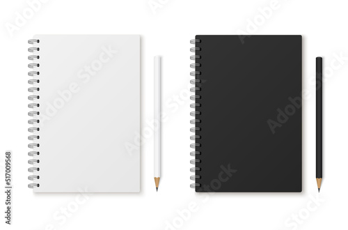 Mockup blank closed notebook and pencil. Template spiral copybook or organizer.
