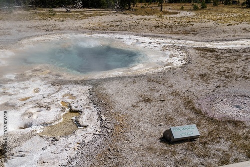 High angle shot of geysers and hot springs in Yellowstone National Park