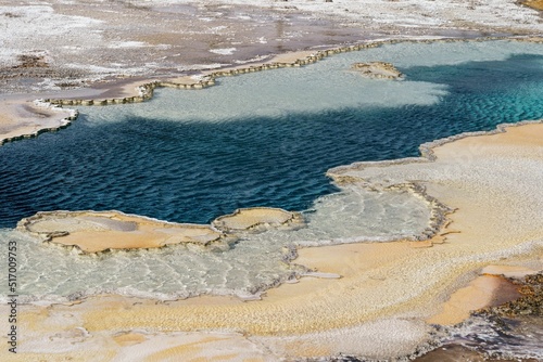 High angle shot of flowing geysers in Yellowstone National Park