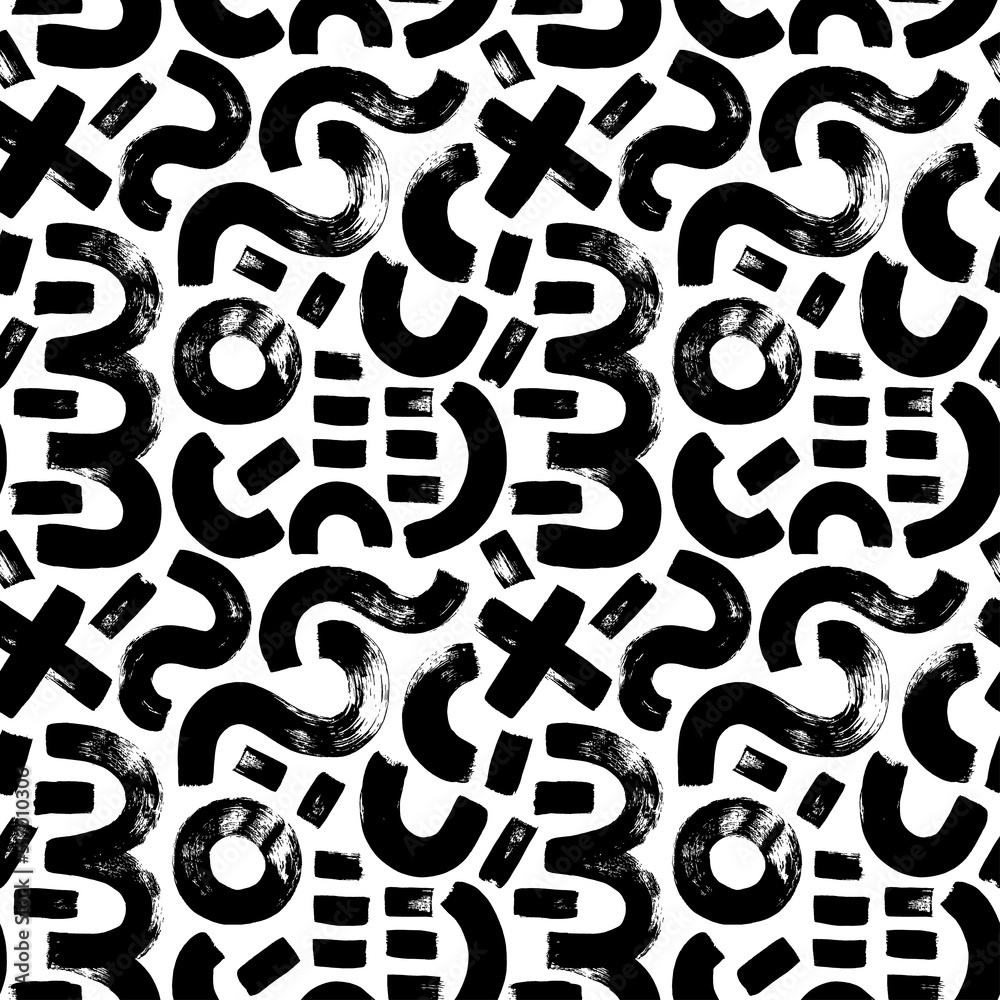 Geometric seamless pattern in memphis style. Circle, cross, curved bold lines, dashes. Hand drawn curly brush strokes. Vector abstract geometric pattern. Stylish trendy fabric. Grunge ornament Geometric seamless pattern in memphis style. Circle, cross, curved bold lines, dashes. Hand drawn curly brush strokes. Vector abstract geometric pattern. Stylish trendy fabric. Grunge ornament
