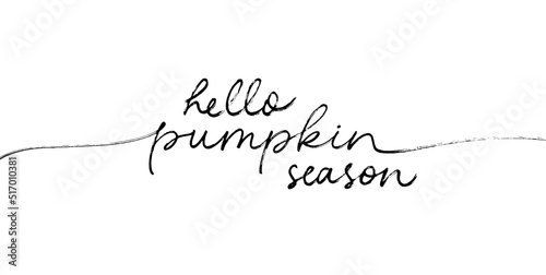 Hello pumpkin season handwritten linear style lettering. Modern mono line calligraphy. Autumn greeting card with swashes. Fall season hand drawn cursive typography isolated on white