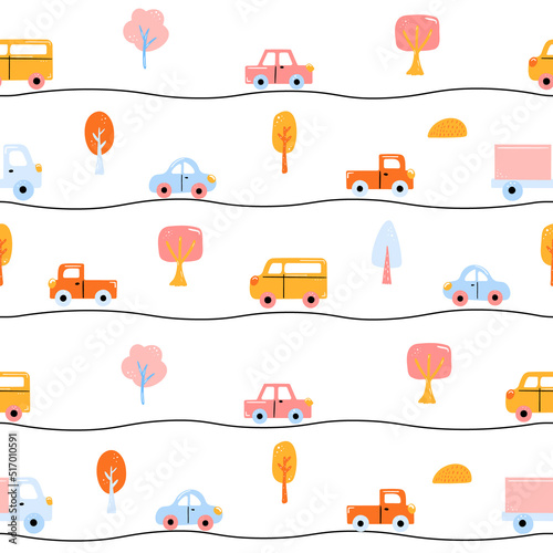 Baby cartoon transport and trees seamless pattern. Hand-drawn cars background. Vector child city collection.