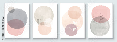 Set of Abstract Hand Painted Illustrations for Wall Decoration, Postcard, Social Media Banner, Brochure Cover Design Background. Modern Abstract Painting Artwork with Circle. Sphere Vector Pattern.	