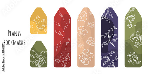 Set of 6 bookmarks with monochrome spots and white decorative hand draw plants. Line botanical illustration. Bookmark templates for reading. Isolated on white background.	