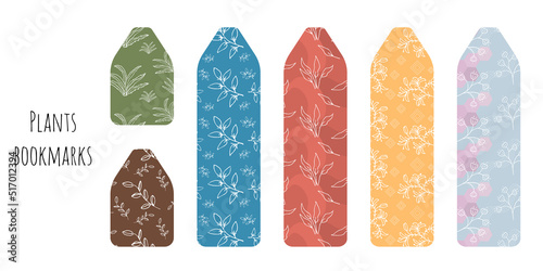 Set of 6 bookmarks with colorful seamless pattern and white decorative hand draw plants. Line botanical illustration. Bookmark templates for reading. Isolated on white background.	
