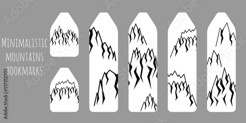Set of 6 bookmarks with black line decorative geometric mountains. Minimalists mountains illustration. Bookmark templates for reading. Isolated on grey background.