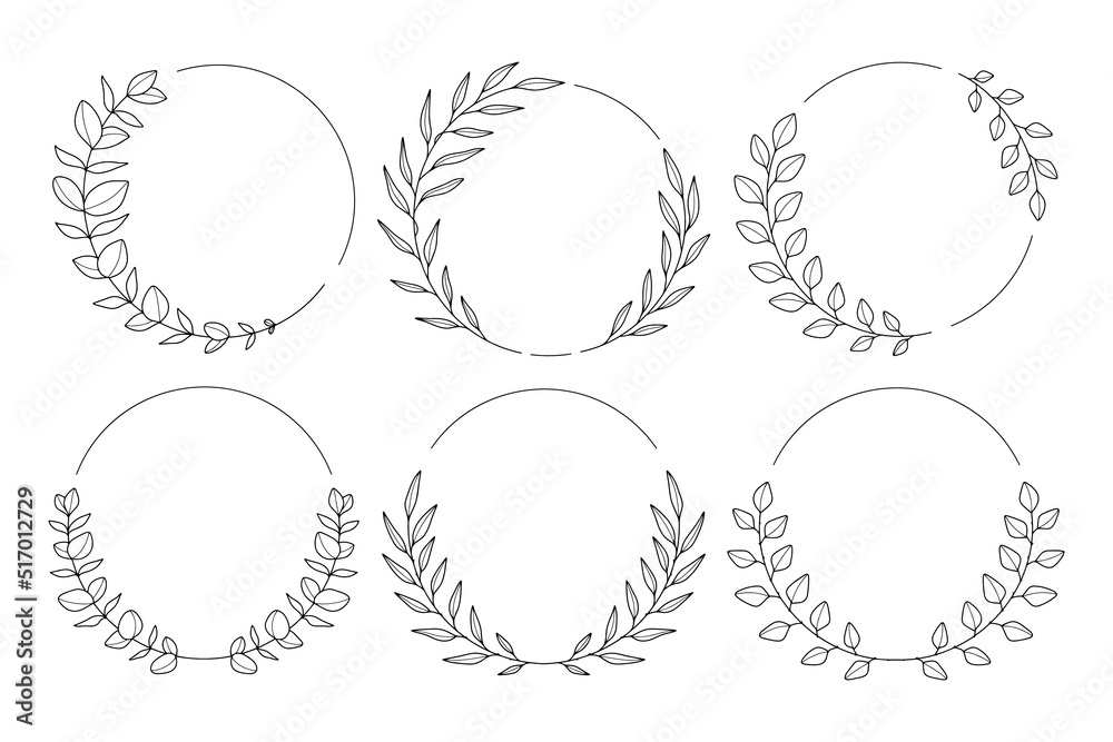Fototapeta premium Round frames with eucalyptus branches. Hand drawn vector eucalyptus wreaths for invitations, posters, greeting cards, logos, web, frame art. Line art floral design element.