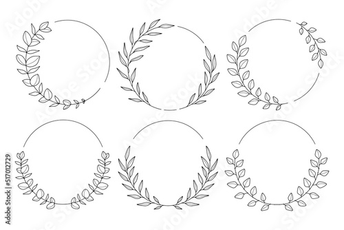 Round frames with eucalyptus branches. Hand drawn vector eucalyptus wreaths for invitations, posters, greeting cards, logos, web, frame art. Line art floral design element.