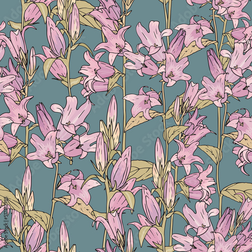 Vintage botanical pattern with purple harebell. Floral seamless print with bluebell field on turquoise background