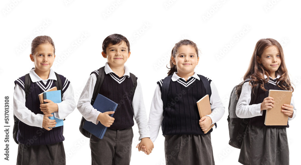 Schoolgirls and one schoolboy wearing school uniforms Schoolgirls and one schoolboy wearing school uniforms