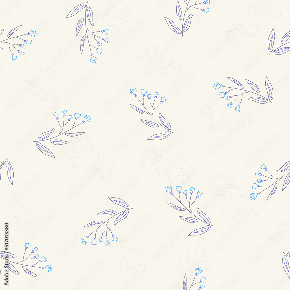 Floral pattern. Endless background. Design art from simple cute daisies. Small blue flowers on a branch for design and printing on fabric. Repeating floral motif for textile. Vector
