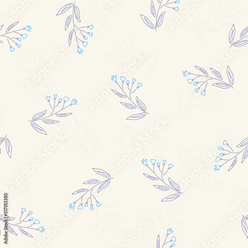 Floral pattern. Endless background. Design art from simple cute daisies. Small blue flowers on a branch for design and printing on fabric. Repeating floral motif for textile. Vector