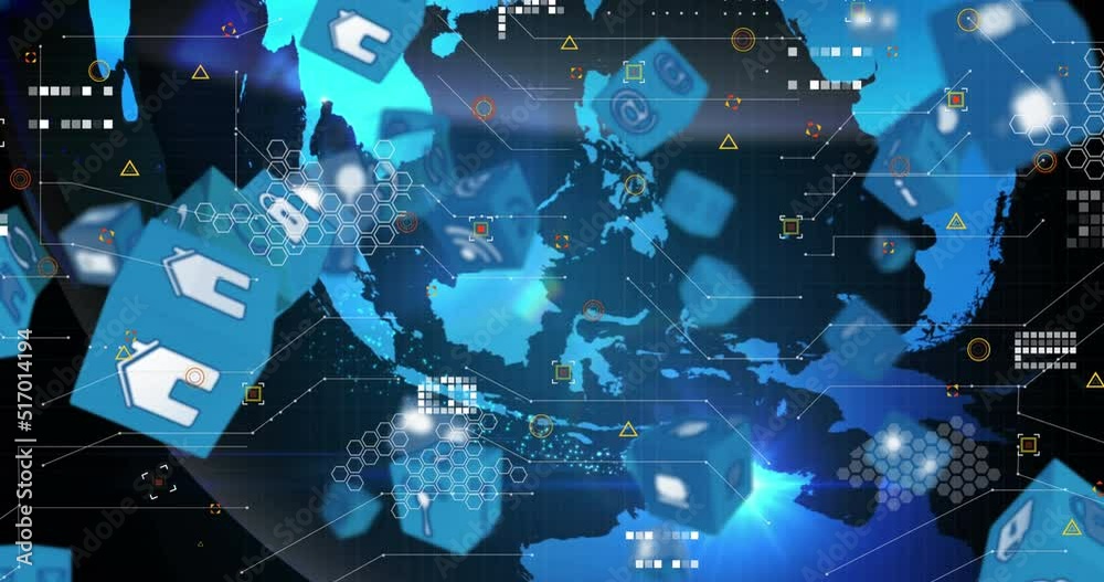 Animation of cubes with tech icons over globe on black background
