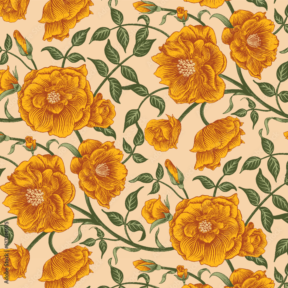 Seamless Vector Pattern with Orange Roses on Tan Background
