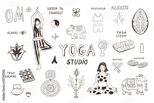 Yoga lessons objects vector illustrations set.