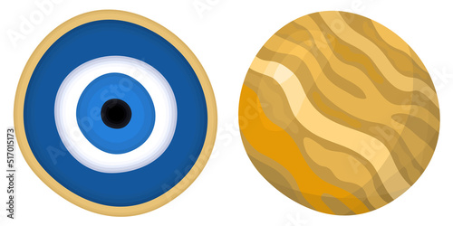 Vector bright illustration two circle amulets, evil eye and golden. Isolated on white background.