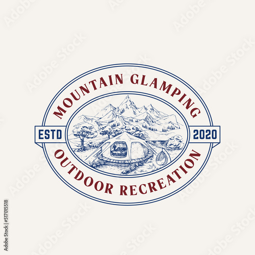 Glamping Recreation Retro Frme Badge Logo Template. Hand Drawn Comfortable Outdoor Tent with Mountains and Forest Landscape Sketch with Typography. Nature Rest Emblem Isolated