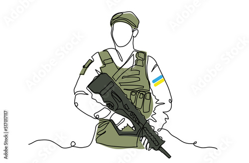 Soldier with gun. Vector illustration. One continuous line art drawing background, banner, poster of soldier in bulletproof vest