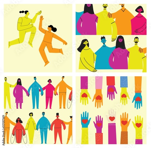 Group of people men, women are standing together. Concept of diversity, equality, tolerance, multicultural society. Vector set of multicultural people.