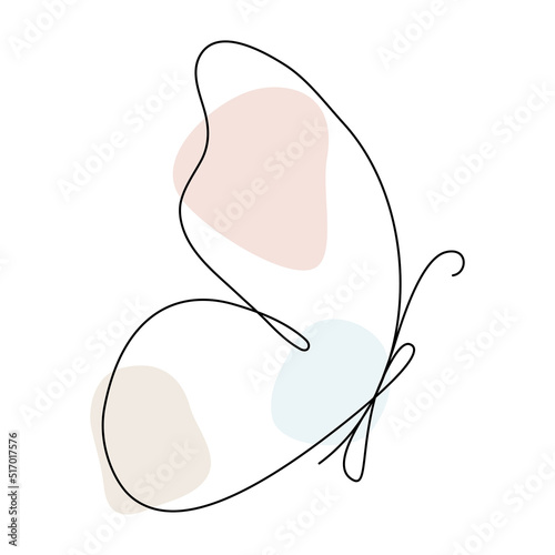 Butterfly continuous line drawing. Outline butterfly flying. Line art insect with abstract pastel color shapes. Vector isolated on white.	
